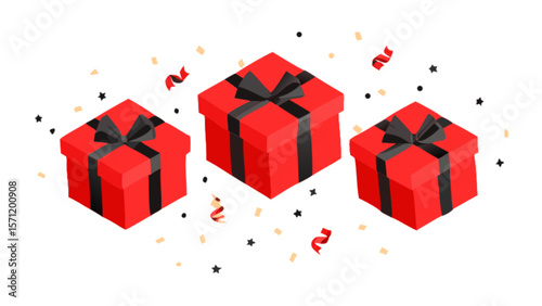Red gift boxes with black ribbons present celebration holiday event surprise birthday christmas party vector 3d