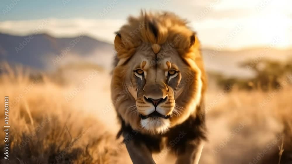 Majestic lion walking savanna Majestic lion walking savanna