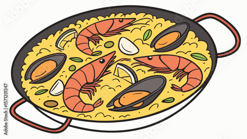 Delicious seafood paella illustration with shrimp mussels and lemon slices in a traditional pan recipe 100