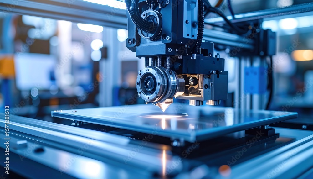 Fototapeta premium Automated machine precision-fabricates, detailed close-up, industrial setting