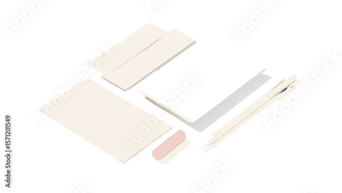 Isometric stationery set with notebook, pencil, eraser and paper sheets for office and school 3d render