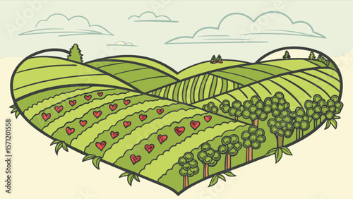 Heart shaped landscape with rolling hills, trees, and heart shaped crops for valentine's day card