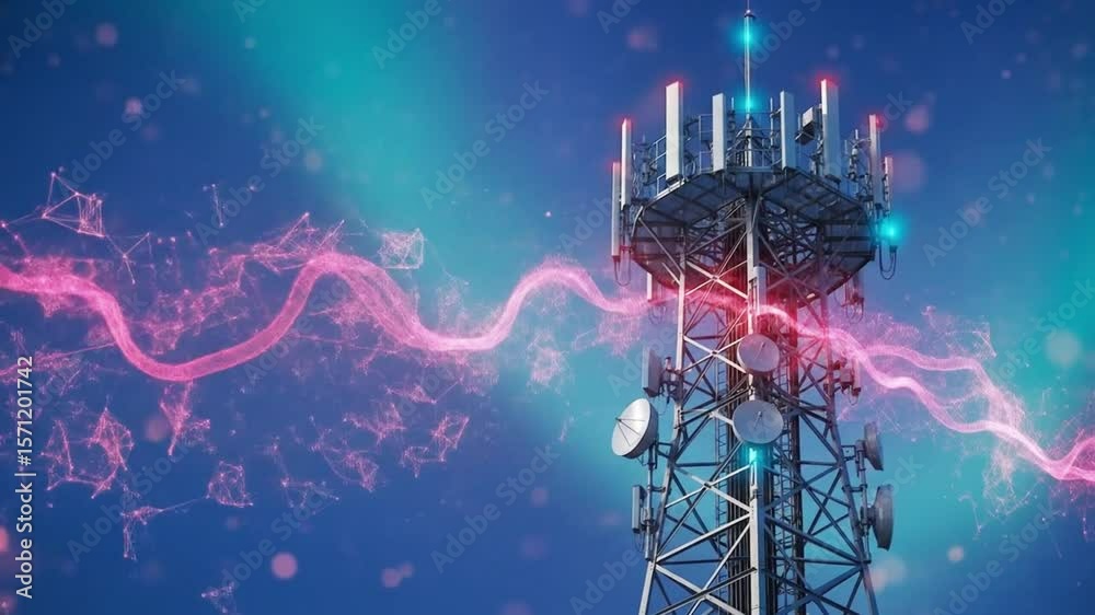 A telecommunication tower stands tall against a blue backdrop with abstract digital signals, symbolizing modern wireless technology and global connectivity