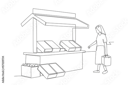 Female shoppers approach food stalls. Food markets concept one-line drawing