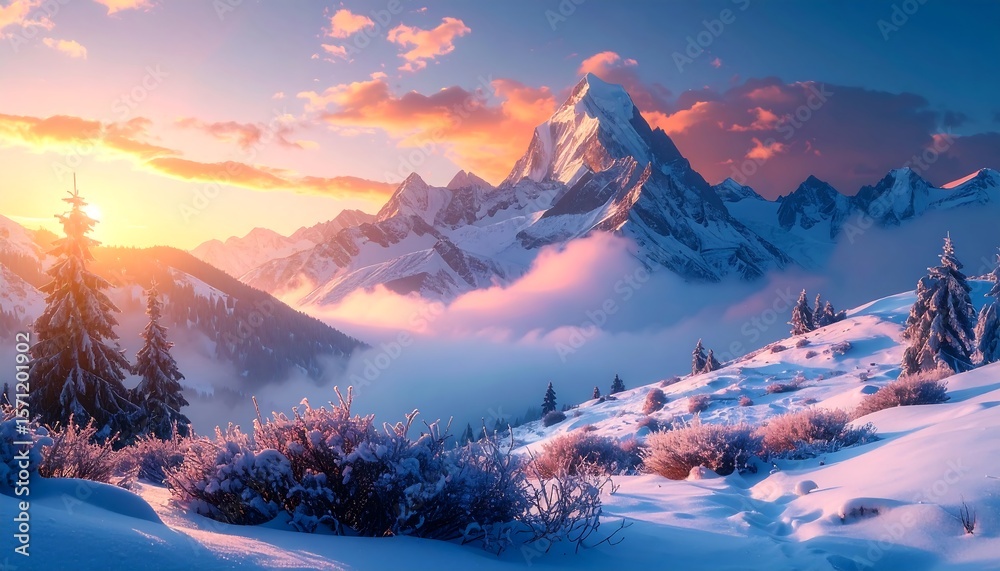 Obraz premium Snowy Mountain Peaks and Valley at Sunrise in Winter