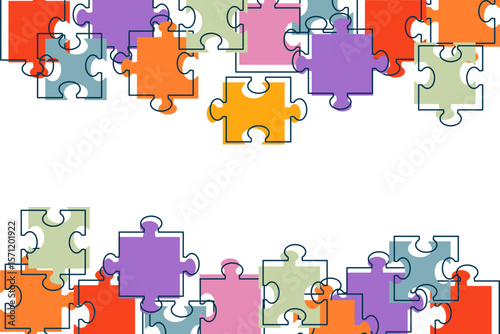Colorful jigsaw puzzle pieces create a vibrant border as abstract background. The design highlights concepts of connection, teamwork, problem solving, game, and education. Colorful puzzle banner