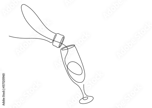 Bottle and glass of Champagne, or wine. Continuous line drawing.