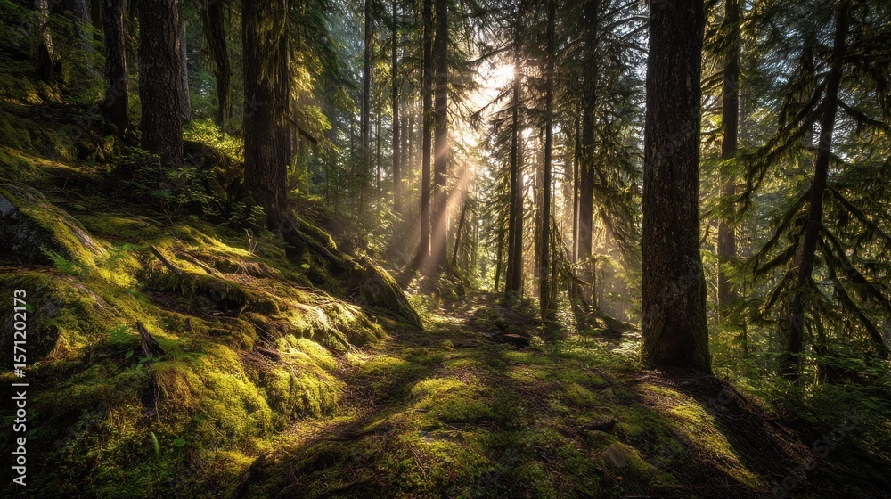 Obraz premium Sunlight streams through lush forest