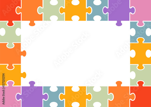 Colorful jigsaw puzzle pieces create a vibrant border as abstract background. The design highlights concepts of connection, teamwork, problem solving, game, and education. Colorful puzzle banner