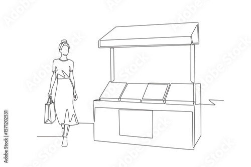 Female shoppers approach food stalls. Food markets concept one-line drawing