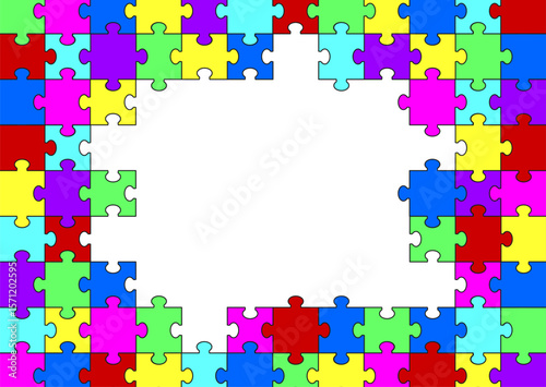 Colorful jigsaw puzzle pieces create a vibrant border as abstract background. The design highlights concepts of connection, teamwork, problem solving, game, and education. Colorful puzzle banner