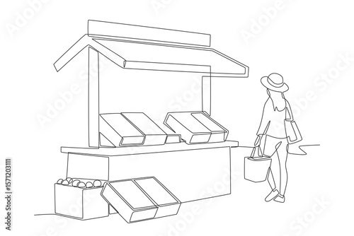 Female shoppers approach food stalls. Food markets concept one-line drawing