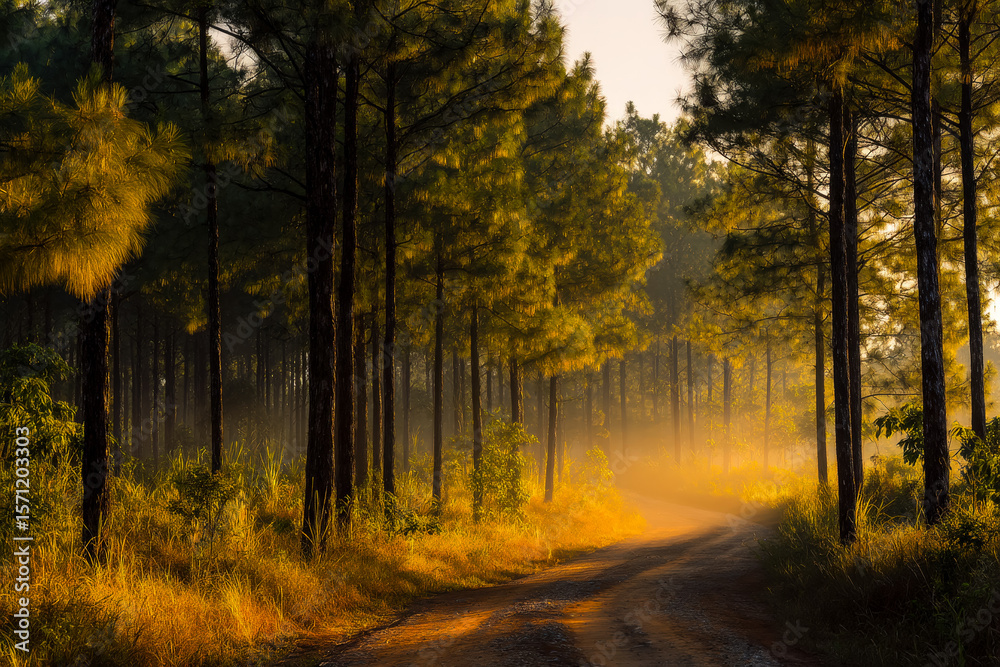 Fototapeta premium Tranquil forest pathway bathed in golden morning light