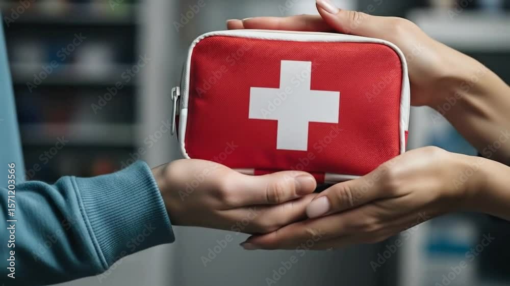 A person holds a red first aid kit with a white cross, ready for medical emergencies and health care