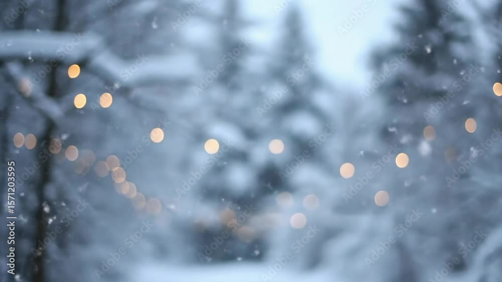 Blurred winter scene with string lights hanging amid snowcovered trees