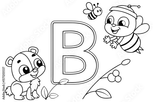 Vector line art of the alphabet B with fun cartoon characters, black and white, designed for coloring page use, easy for preschool kids