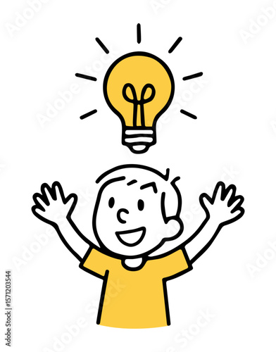 Boy with Raised Hands and Glowing Light Bulb Overhead. Creative Idea Moment, Innovation, Inspiration and Idea Concept Doodle Art Style. Hand-Drawn Vector Illustration