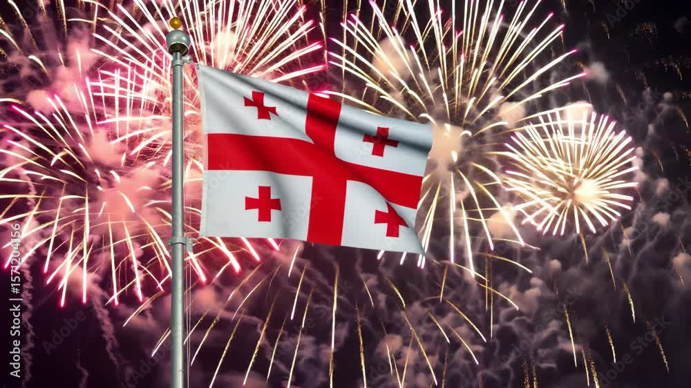 National flag independence state Georgia, background fireworks. AI Generative