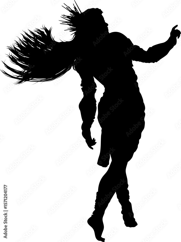 Fototapeta premium Fantasy female warrior silhouette in motion with long, flowing hair, spiked crown. The pose captures grace, strength, and energy, perfect for fantasy or combat themed design elements.