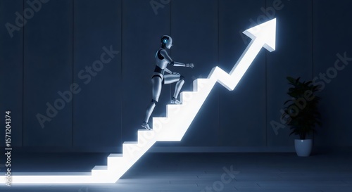 A robot ascends stairs with a glowing arrow in a dark room