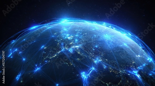 The glowing globe showcasing digital connections and global networking at night.