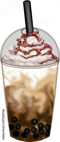 Iced coffee bubble tea featuring chewy tapioca pearls, thick straw, and rich caramel drizzle  ideal for menus, packaging, or lifestyle visuals