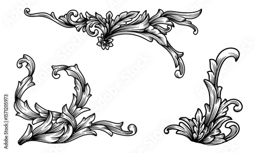 Collection of vintage floral decoration ornament. Classic Baroque border ornamental. Scroll swirl curl engraving vector illustration. Hand drawing monogram arabic victorian, filigree, flourish element