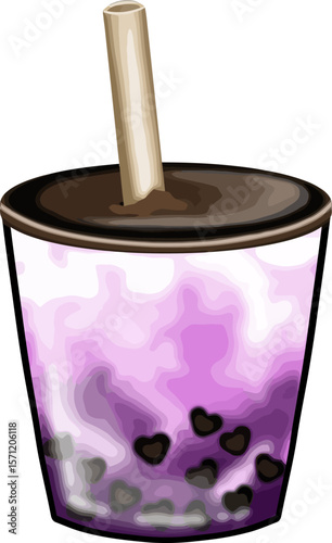 A refreshing caffeinated taro bubble tea with heart-shaped tapioca pearls and a wide straw  ideal for creative food visuals and product design