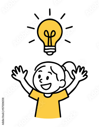 Girl with Raised Hands and Glowing Light Bulb Overhead. Creative Idea Moment, Innovation, Inspiration and Idea Concept Doodle Art Style. Hand-Drawn Vector Illustration