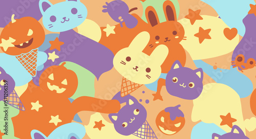 A whimsical and colorful seamless pattern features cute Halloween characters, ghosts, cats, bunnies, and pumpkins in a playful, pastel design.