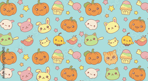 Cute kawaii cartoon pattern featuring pumpkins, bunnies, cats, and cupcakes on a light blue background with stars.