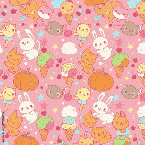 A delightful seamless pattern features adorable cartoon cats, bunnies, and sweet ice cream treats scattered across a vibrant pink background with stars and clouds.