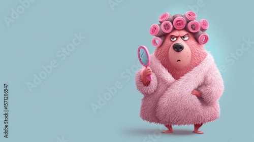Angry cartoon bear in a pink robe with curlers holding a mirror in a fun setting