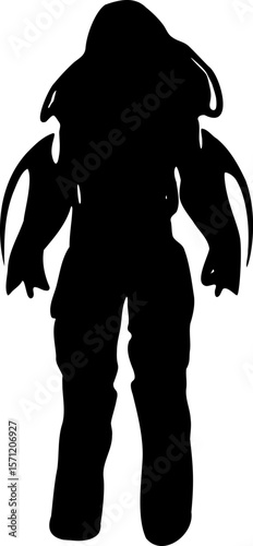 Silhouette of futuristic armored warrior in a sci-fi exosuit in powerful fighting stance. The dynamic pose reflects strength, discipline, and action, ideal for sports, fitness, or combat themes.