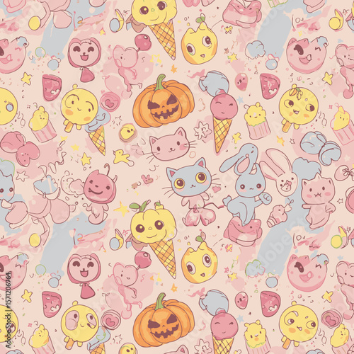 A charming, whimsical pattern showcases a delightful assortment of cute, cartoonish characters, including ice cream cones, pumpkins, and adorable animals, creating a playful and cheerful design.