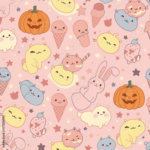 A whimsical and adorable pattern features cute cartoon characters, including cats, ice cream cones, pumpkins, and a bunny, set against a soft pink background.