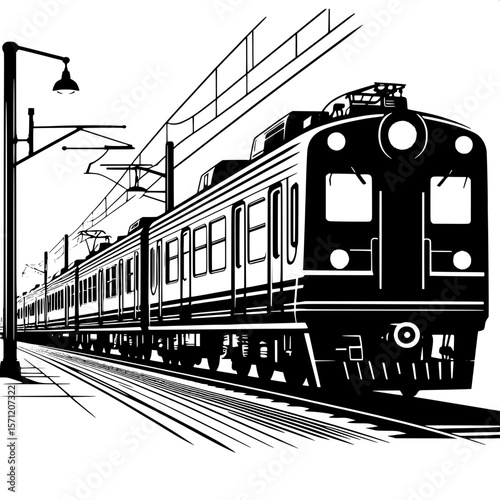 Black and White Vector Silhouette of a Long Train at Platform