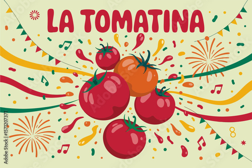 La Tomatina tomato fight poster, vibrant splash background, Spanish summer festival, red tomatoes, confetti illustration vector