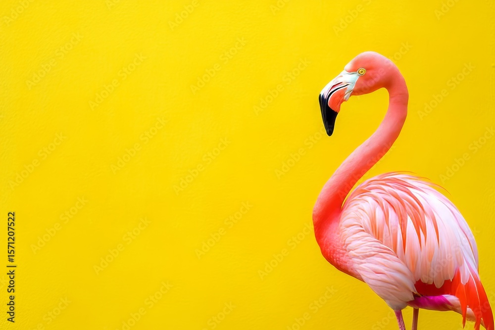 Obraz premium A vibrant pink flamingo stands out against a bright yellow background, evoking tropical vibes