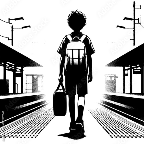 Black and White Vector Silhouette of a Boy Carrying School Bag at Station
