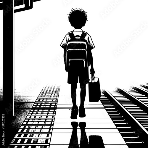 Black and White Vector Silhouette of a Boy Carrying School Bag at Station