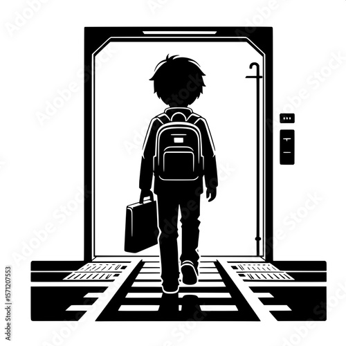 Black and White Vector Silhouette of a Boy Carrying School Bag at Station