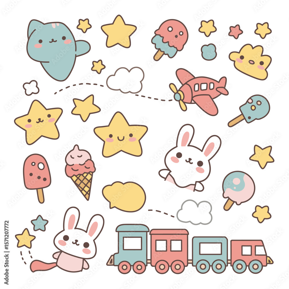 Obraz premium Adorable kawaii style illustration featuring cute cartoon animals, stars, clouds, ice cream, and a train for children's designs.