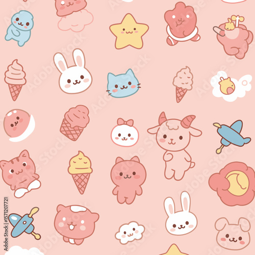A charming seamless pattern features an assortment of adorable pastel-colored kawaii animals and sweet treats on a soft pink background, perfect for children's designs.