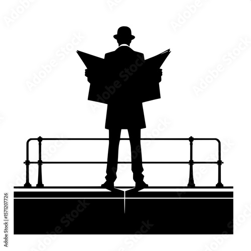 Black and White Vector Silhouette of a Man Reading Newspaper on Platform