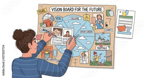 Young female creating vision board focused on future goals and dreams