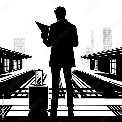 Black and White Vector Silhouette of a Man Reading Newspaper on Platform
