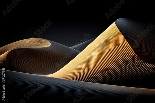Golden desert dunes in dramatic silhouette against a black background.  Soft, flowing lines and warm, golden hues highlight the sculpted forms