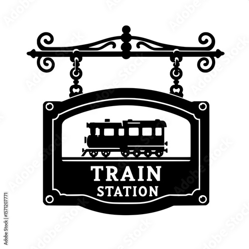 Black and White Vector Silhouette of a Train Station Signboard