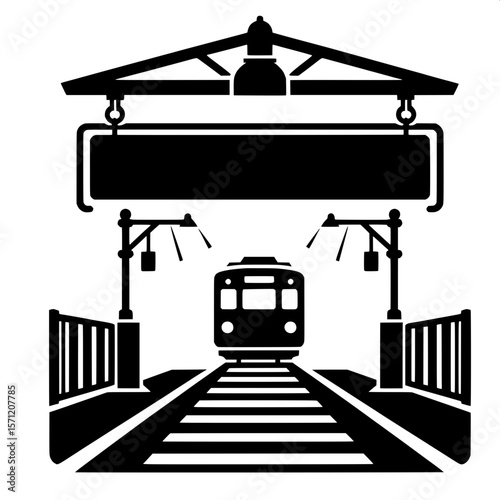 Black and White Vector Silhouette of a Train Station Signboard